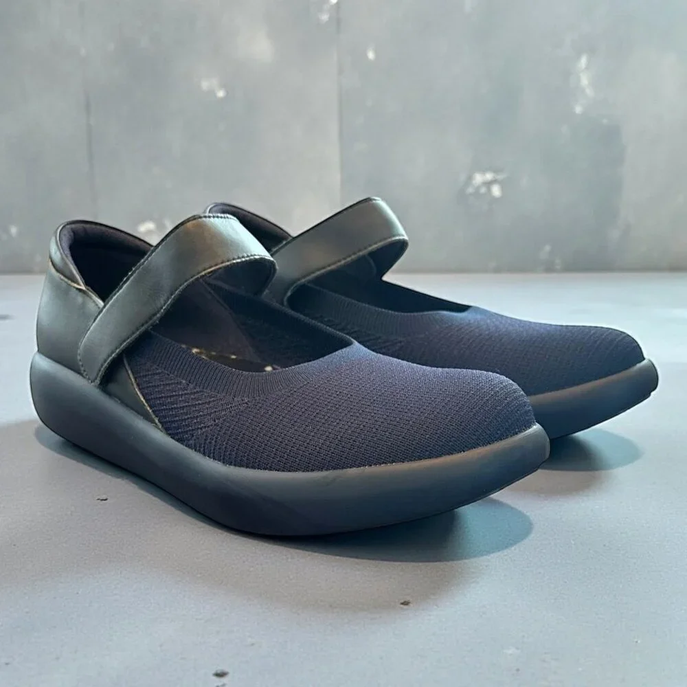 Alegria Navy Knit & Faux Leather Mary Jane Sneakers Size 38 Flats Comfort Shoes
